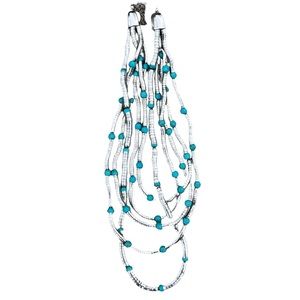 5 Strand Liquid Silver Turquoise Bold Necklace Southwest Style Statement Chunky